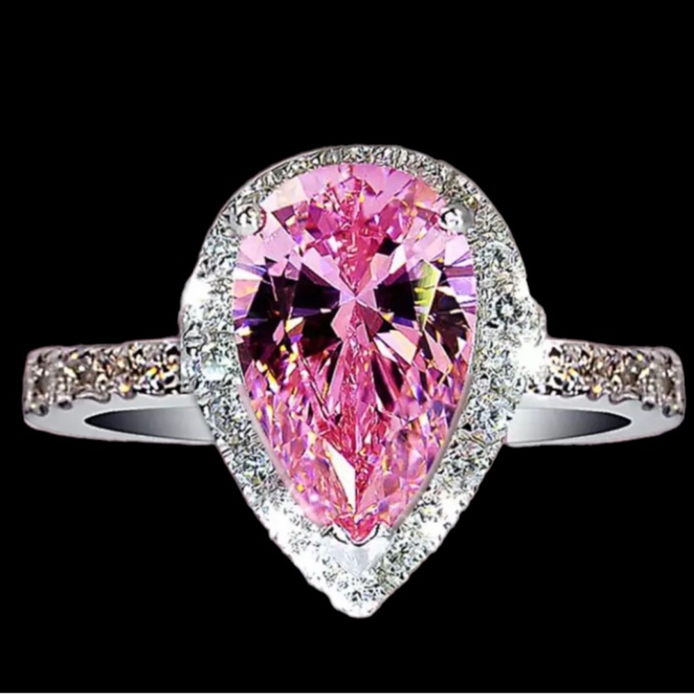 Pink Pear-Cut Halo Ring with Pavé Band